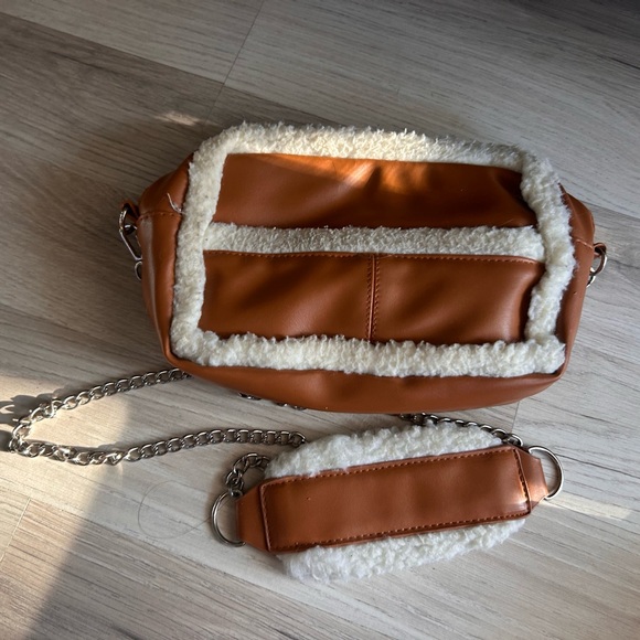 ASOS Handbags - ASOS Tan Faux Leather Crossbody Bag with Chain and Shearling Trim